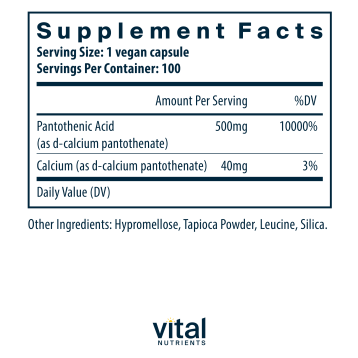 Pantothenic Acid 500 mg 100 vegcaps by Vital Nutrients