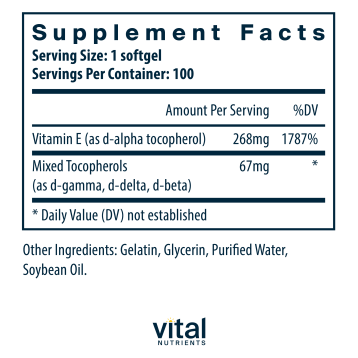 Natural Vitamin E 100 softgels by Vital Nutrients