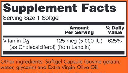 Vitamin D-3 5000 IU 240 softgels by NOW