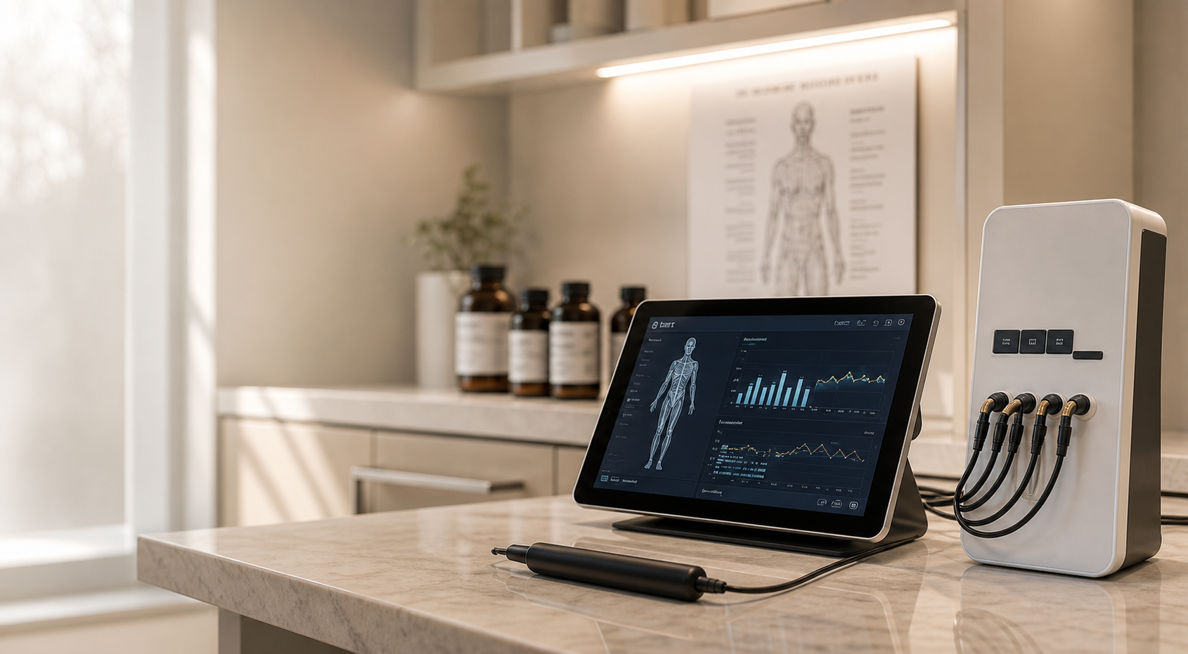 A wellness assessment tablet and sensor system in a calm clinical setting