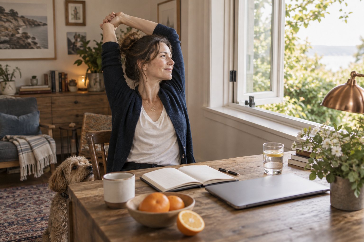 A woman taking a stretch break at her home workspace