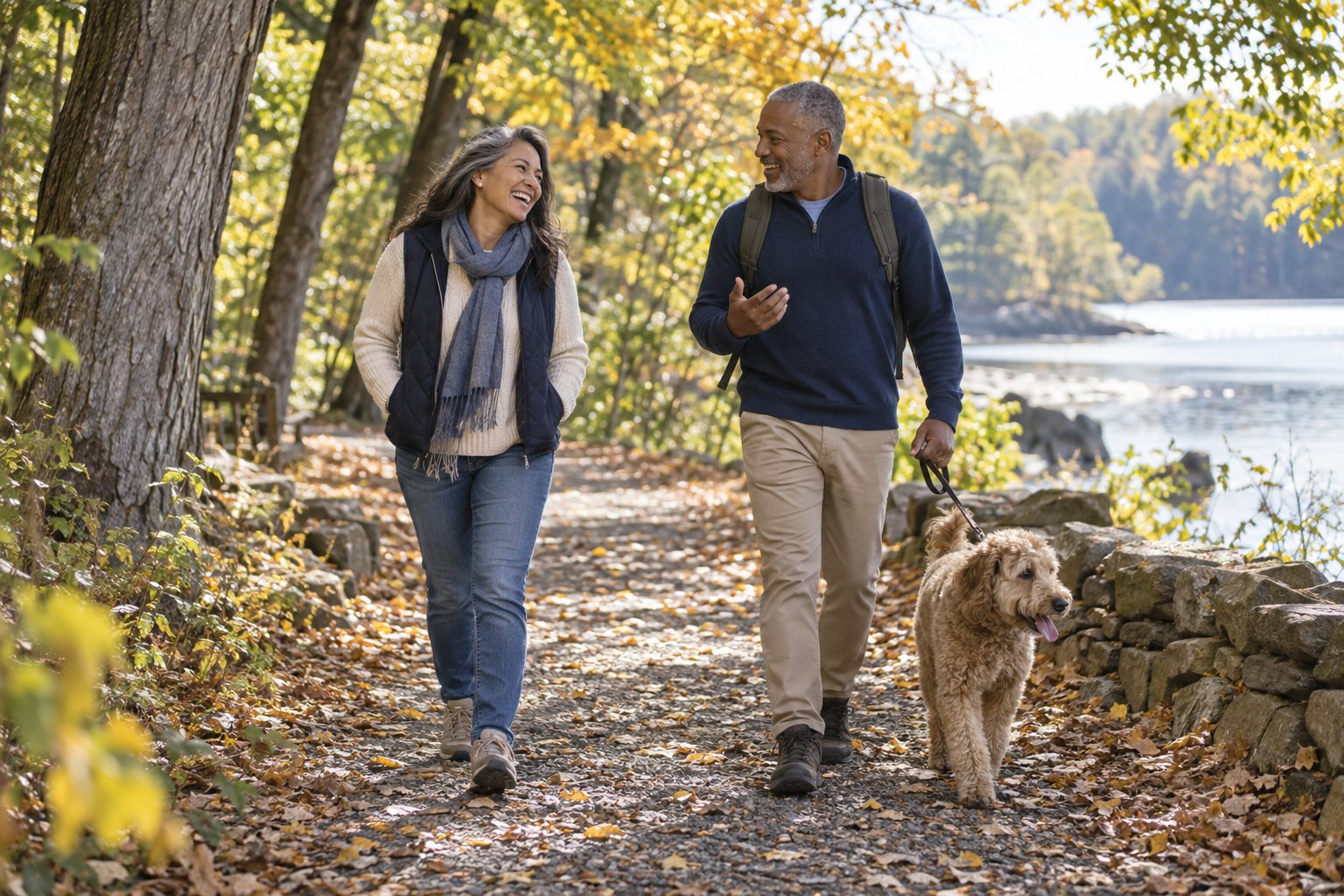 Friends walking together on an autumn trail